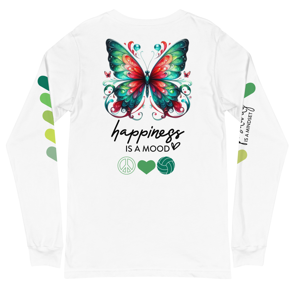 Happiness is a mood is one of the colorful long sleeve motivational quote shirts in my Peace Love Volleyball Shirt. Check out the sleeve design on the long sleeves!