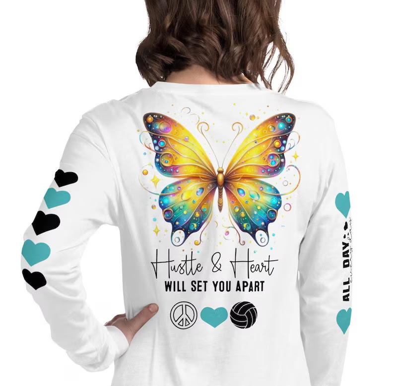 One of the Peace Love Volleyball t shirt designs with a motivational quote that applies to someone you know is the Hustle and Heart Will Set You Apart tee.